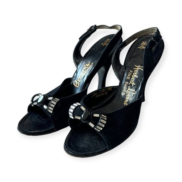 Vintage Herbert Levine Black Suede Rhinestone Bow Slingback Heels 1940-50s Sz 6M - Picture 1 of 16